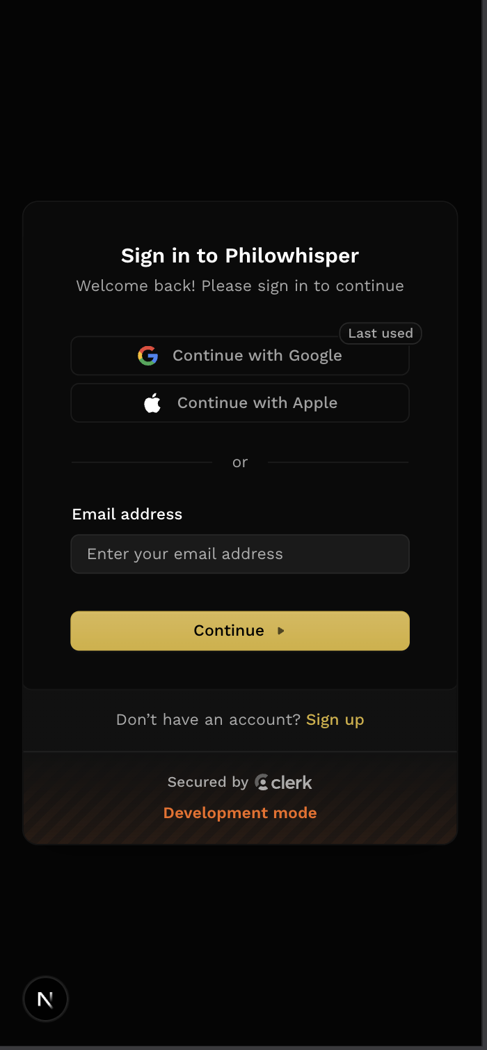 PhiloWhisper authentication screen