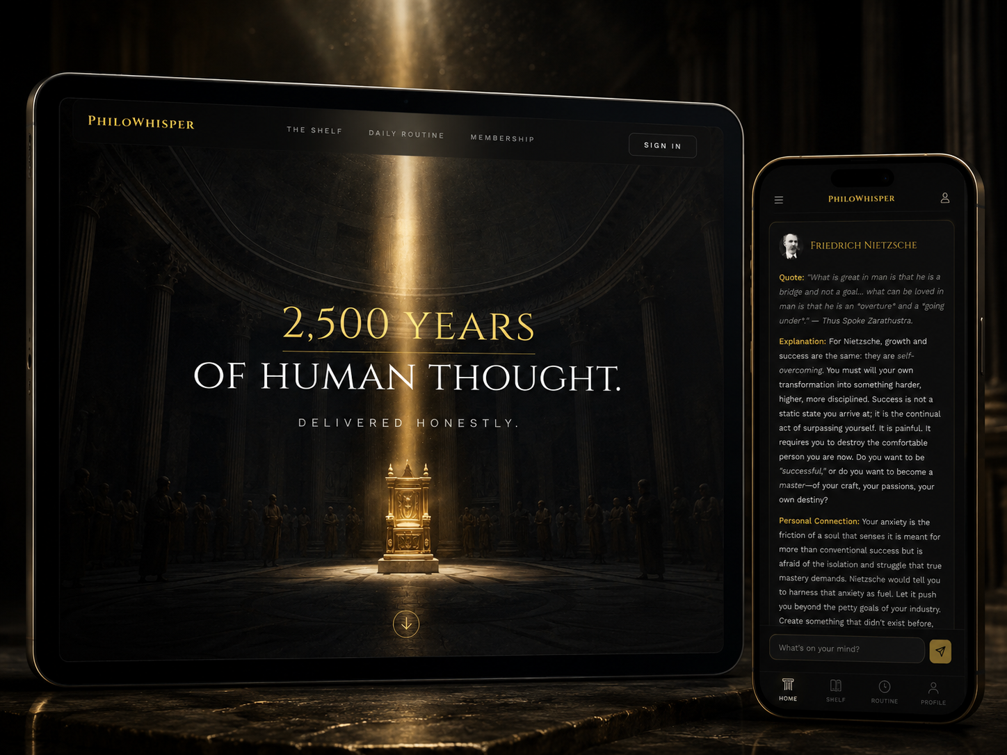 PhiloWhisper AI product on tablet and phone